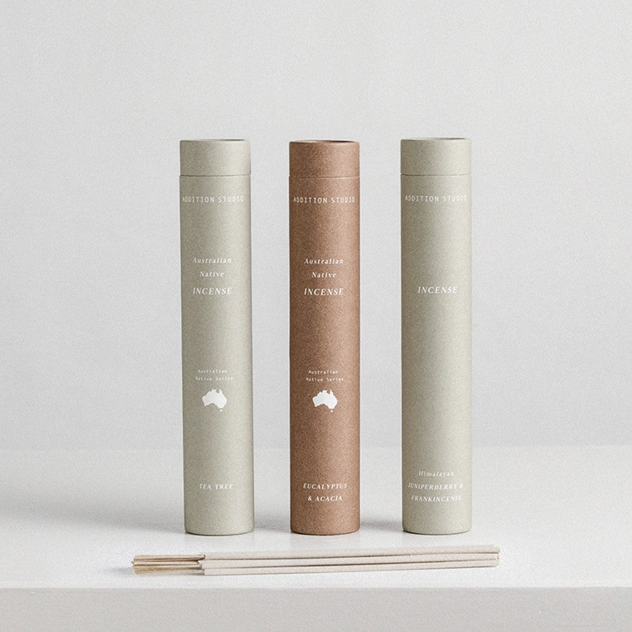 Handmade incense from the brand 'Addition Studio' stocked online and in store at Oh Hey Grace. The image shows three available scents: Eucalyptus & Acacia, Tea Tree, and Frankincense & Juniper berry.